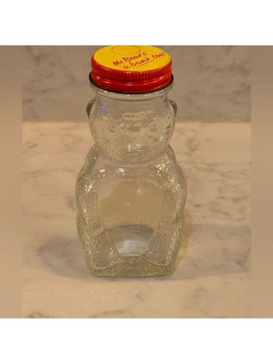 Other - Vintage Clear Glass Mr. Bear Jar with Red Lid